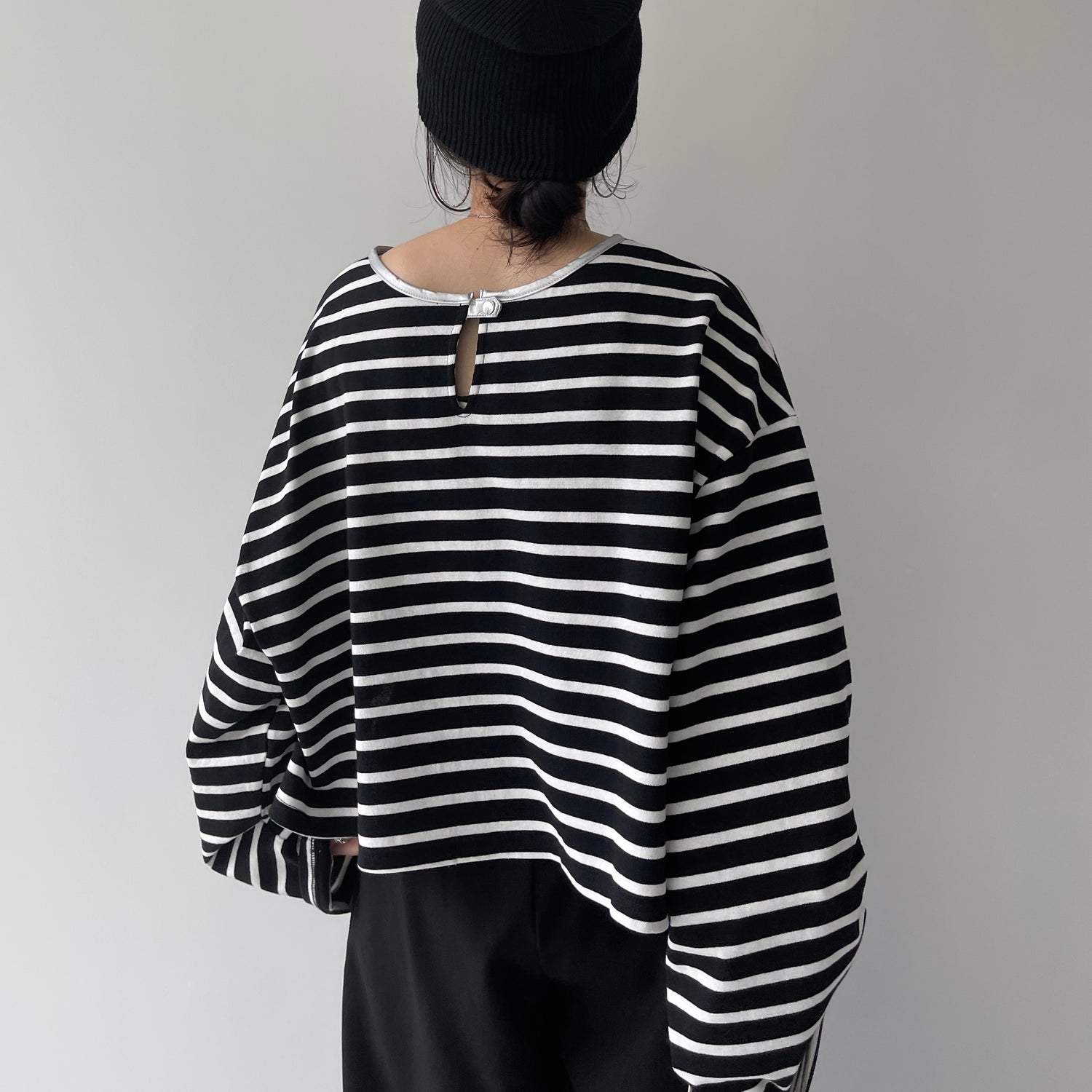 wide sleeve over size border tee / black×silver (short)