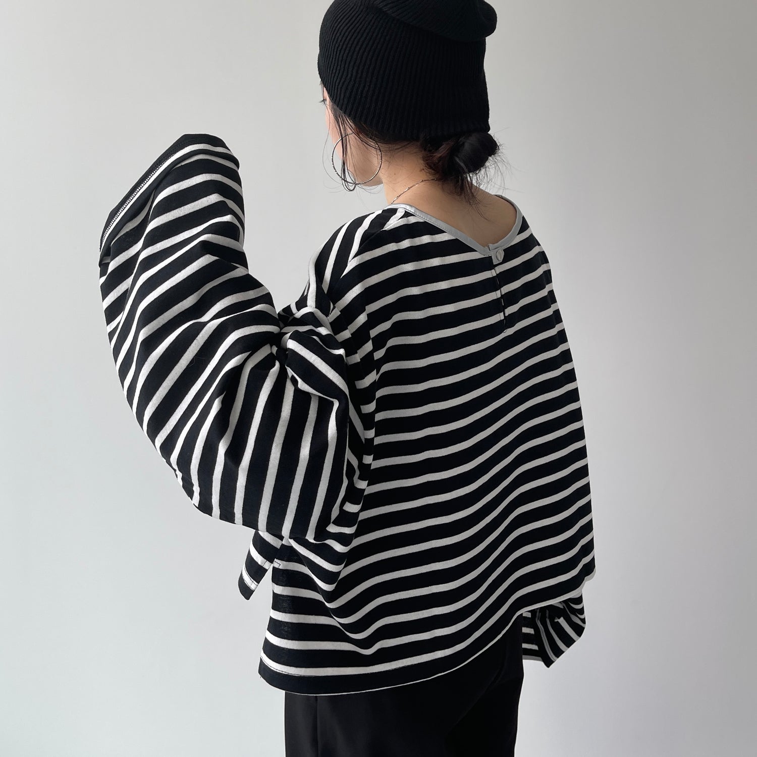 wide sleeve over size border tee / black×silver (short)