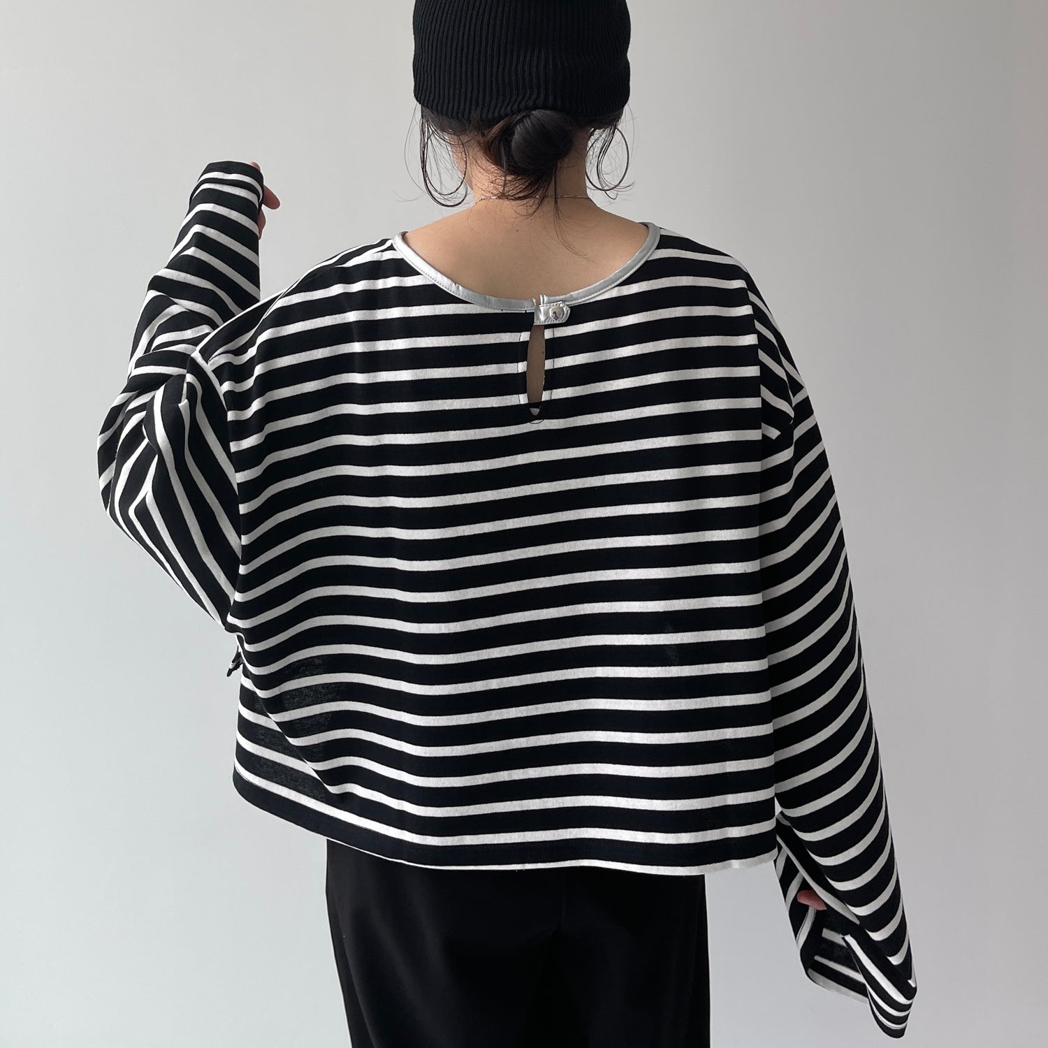 wide sleeve over size border tee / black×silver (short)