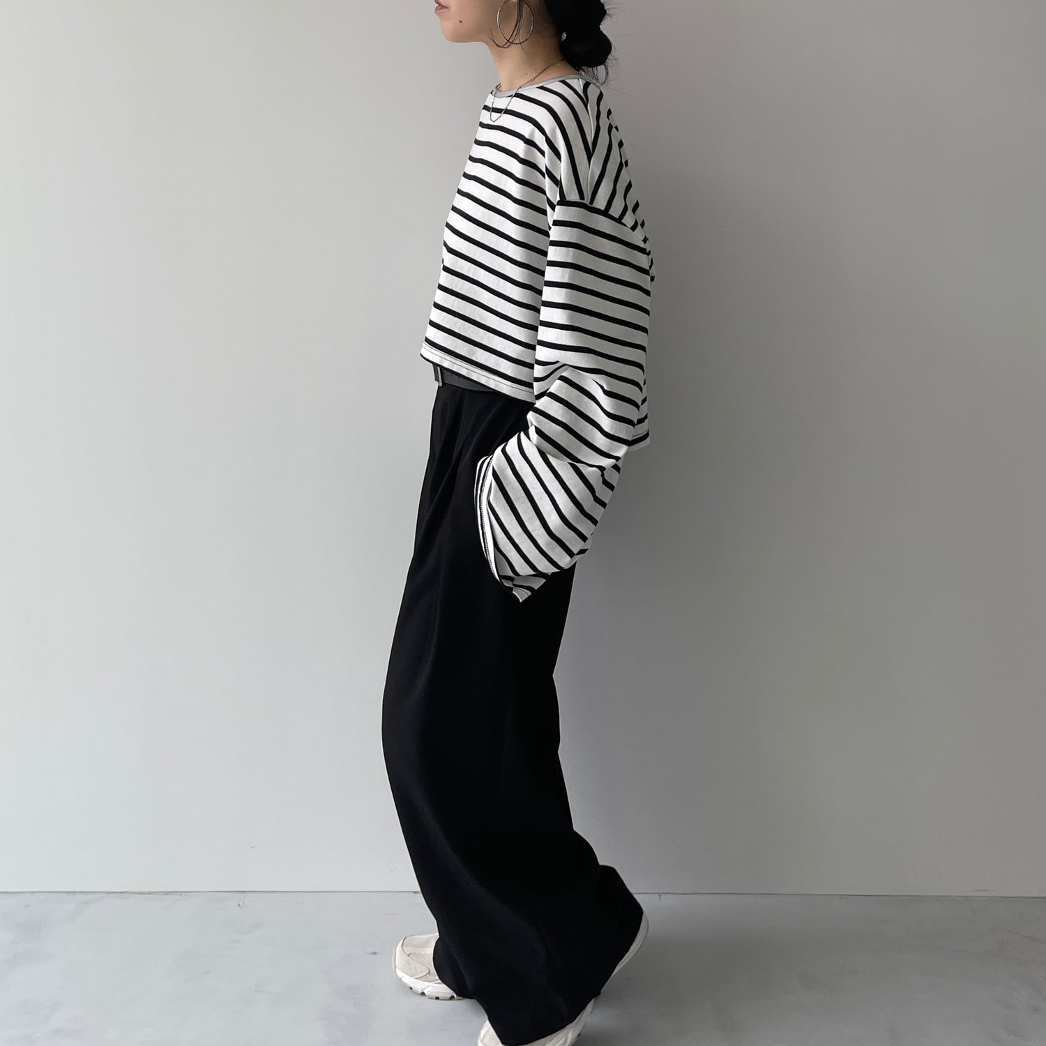 wide sleeve over size border tee / clear black×silver (short)