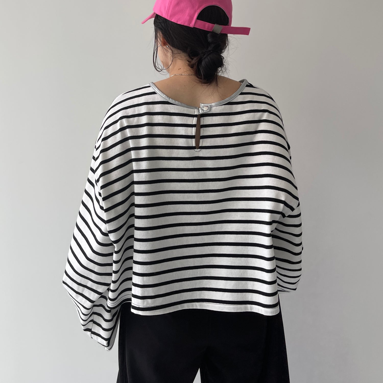 wide sleeve over size border tee / clear black×silver (short)