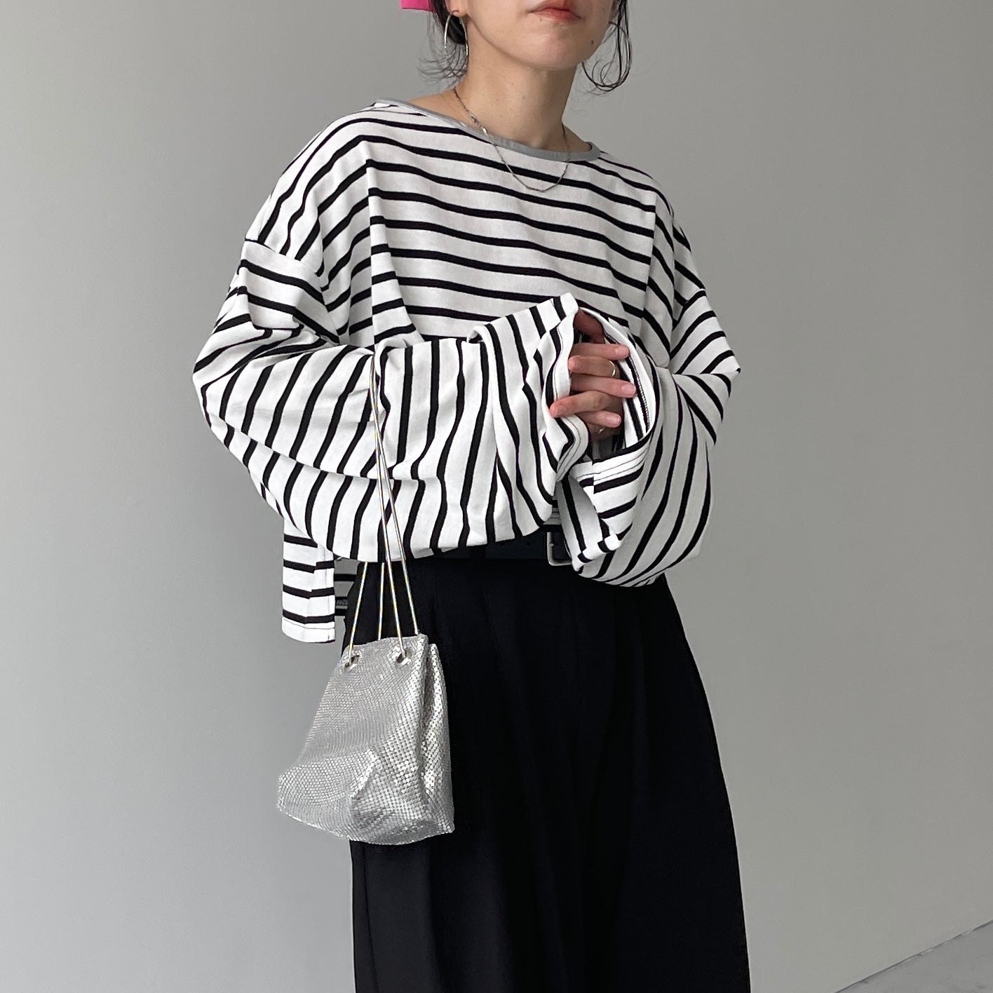 wide sleeve over size border tee / clear black×silver (short)