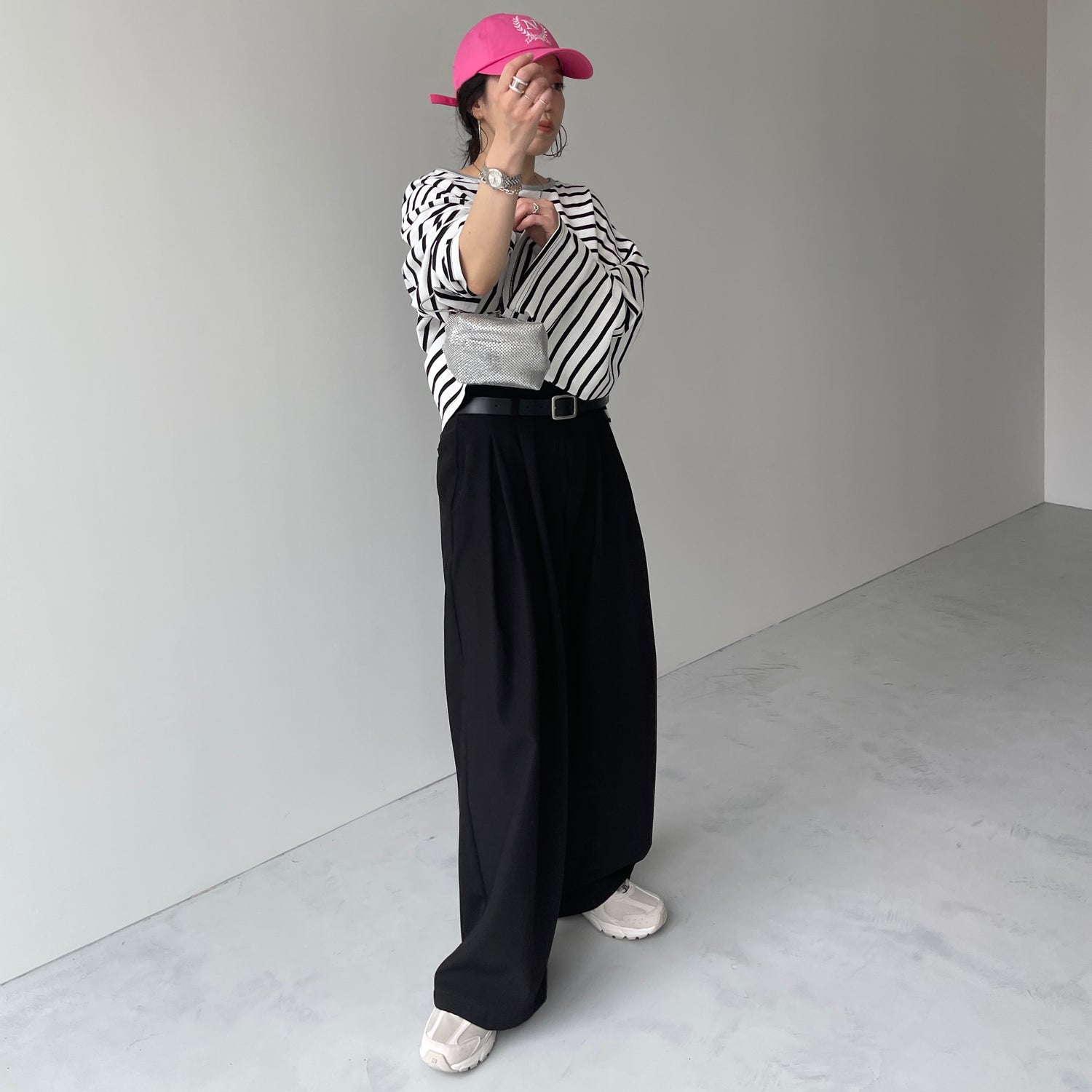 wide sleeve over size border tee / clear black×silver (short)