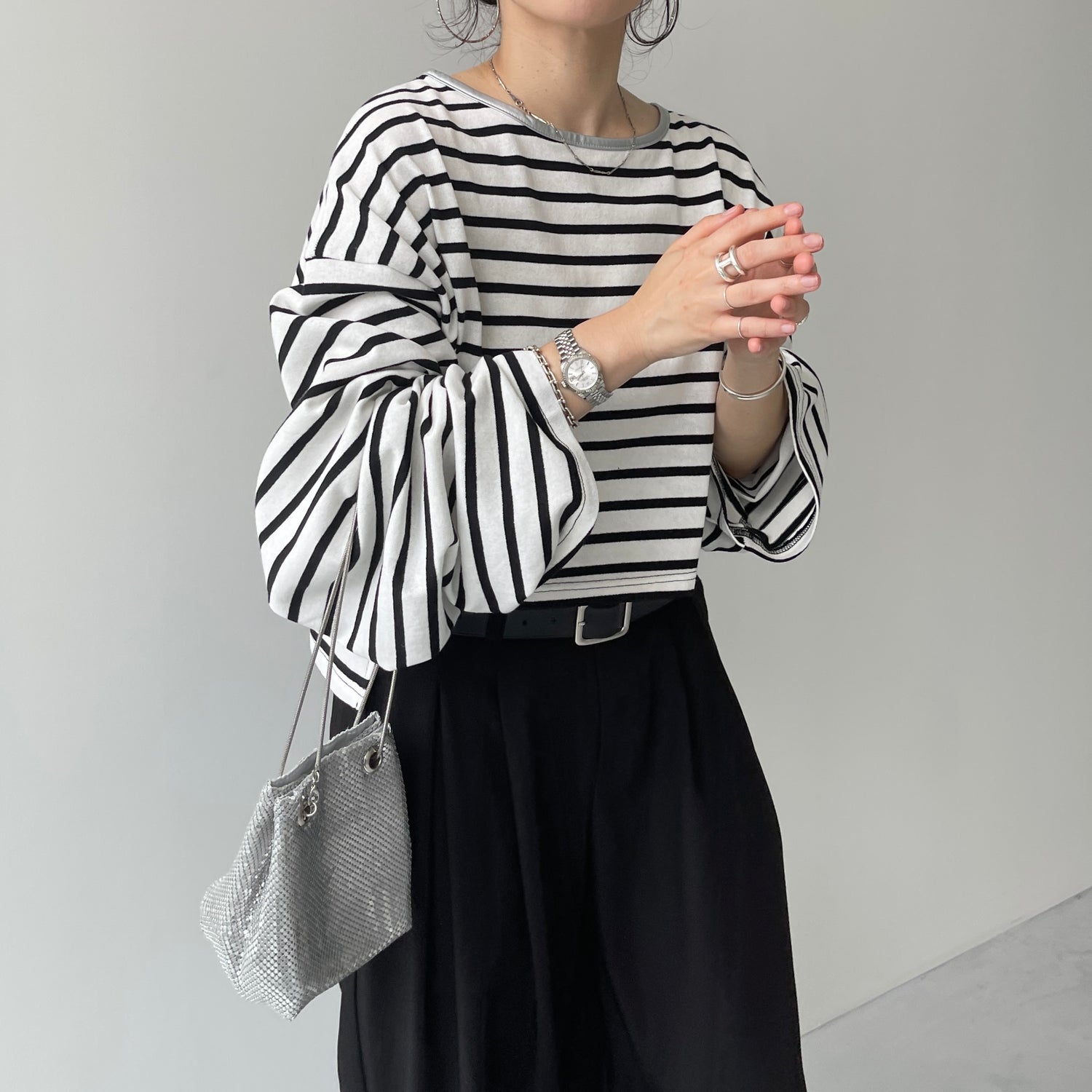 wide sleeve over size border tee / clear black×silver (short)