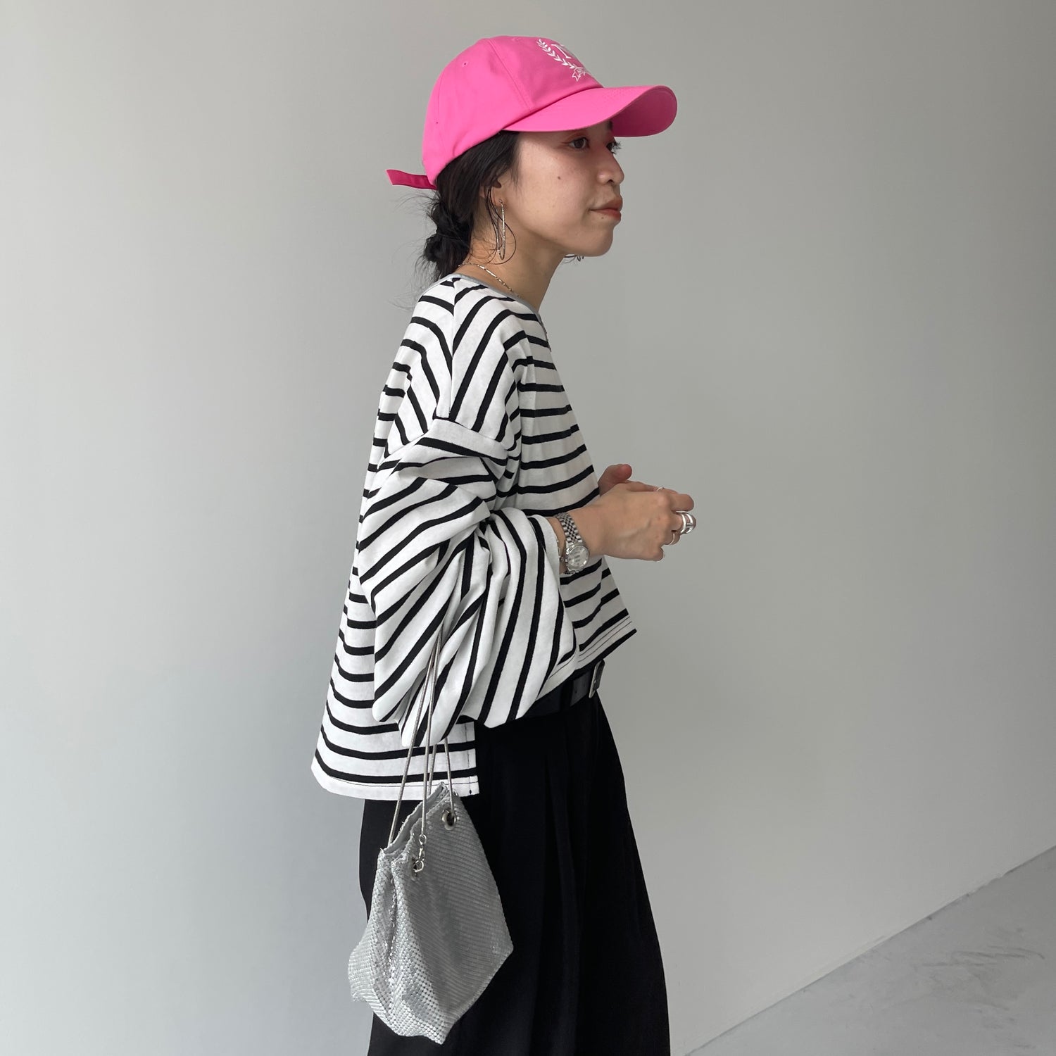 wide sleeve over size border tee / clear black×silver (short)