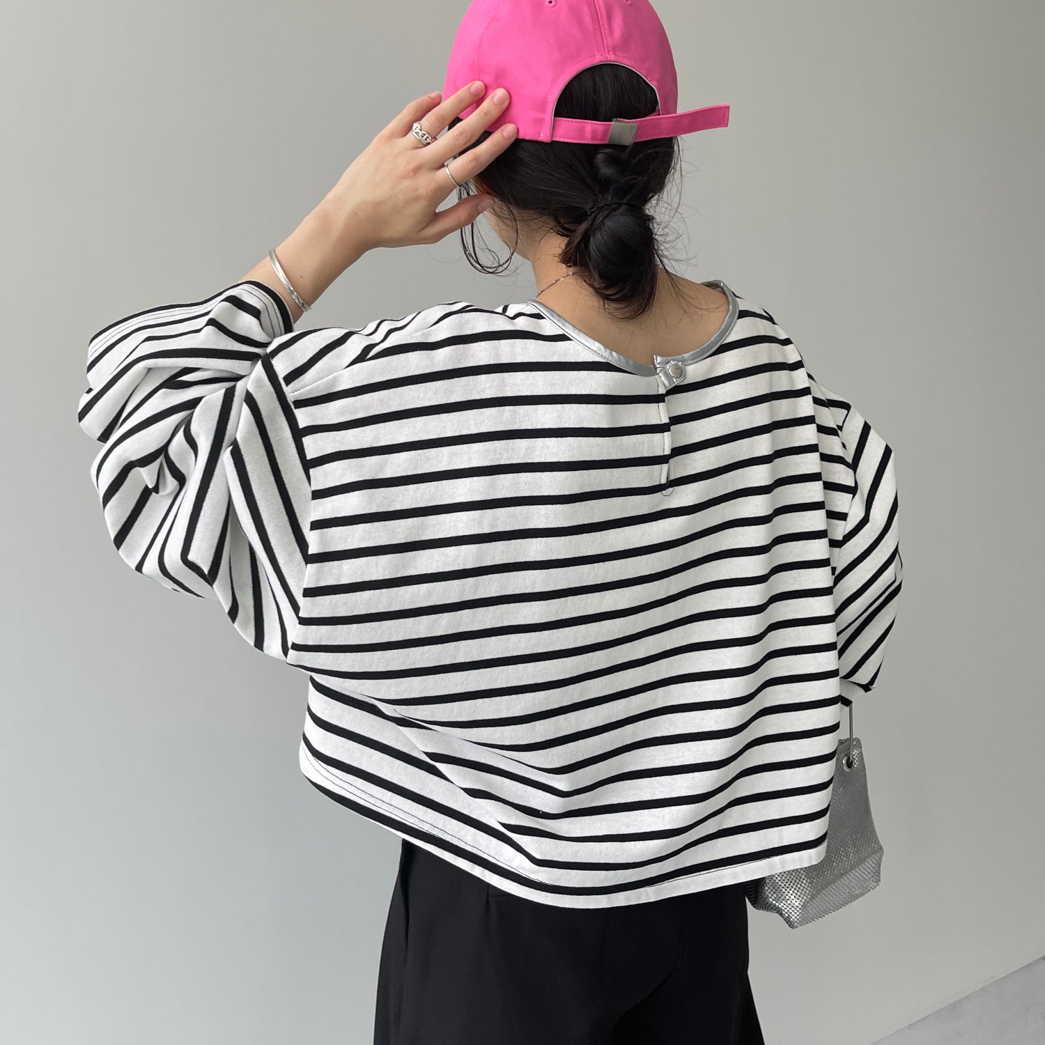 wide sleeve over size border tee / clear black×silver (short)