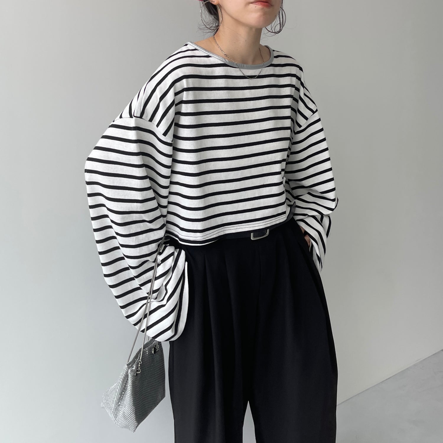 wide sleeve over size border tee / clear black×silver (short)