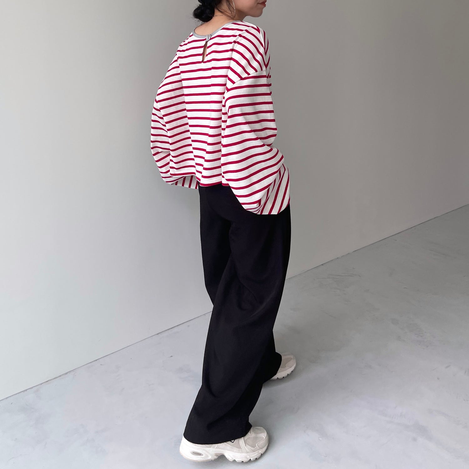 wide sleeve over size border tee / cherry red×silver (short)