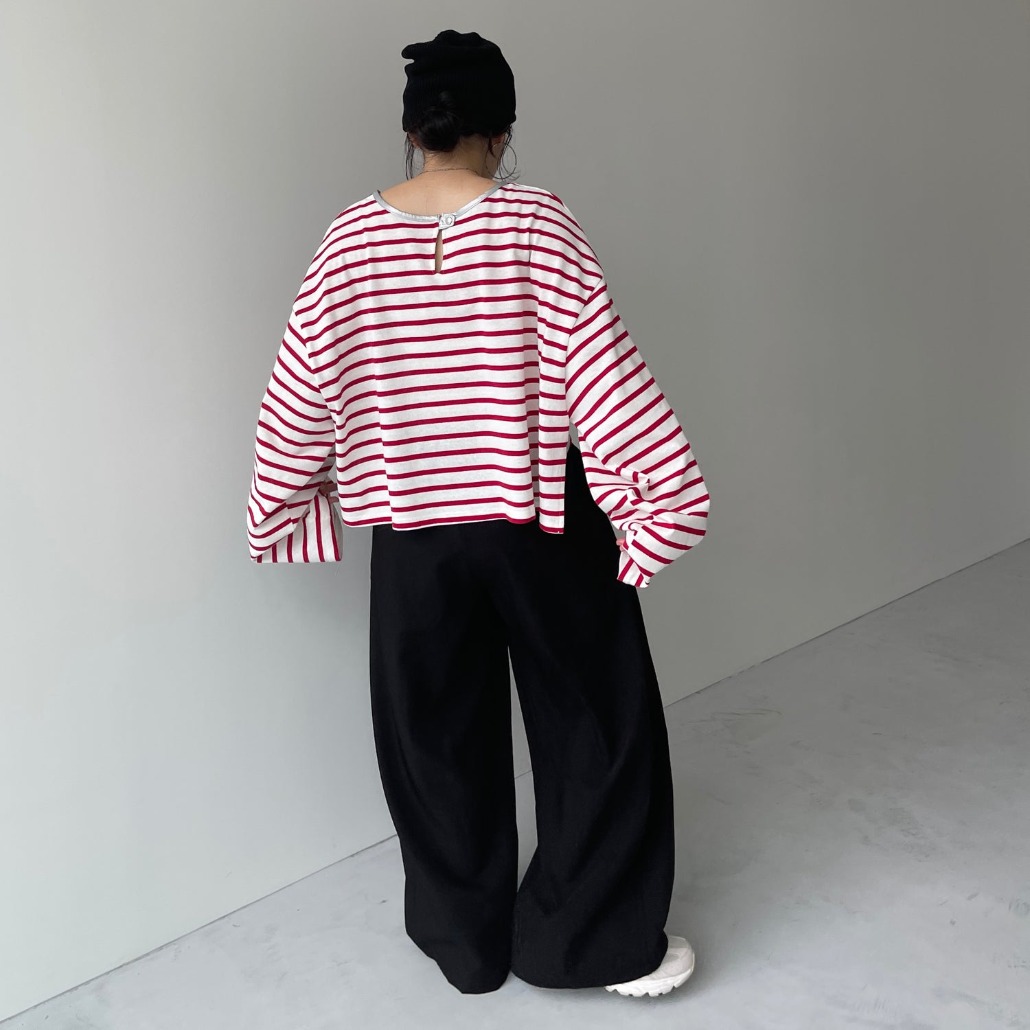 wide sleeve over size border tee / cherry red×silver (short)