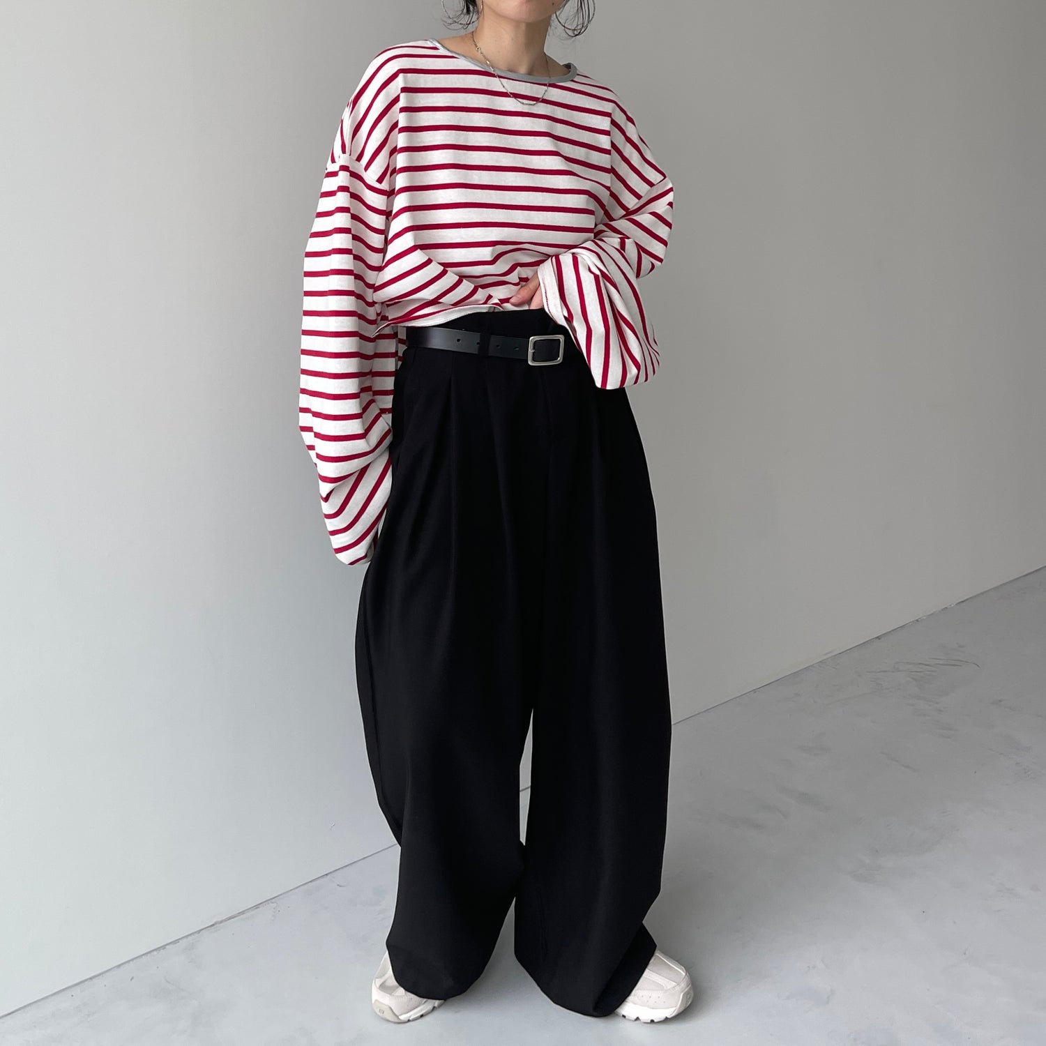 wide sleeve over size border tee / cherry red×silver (short)