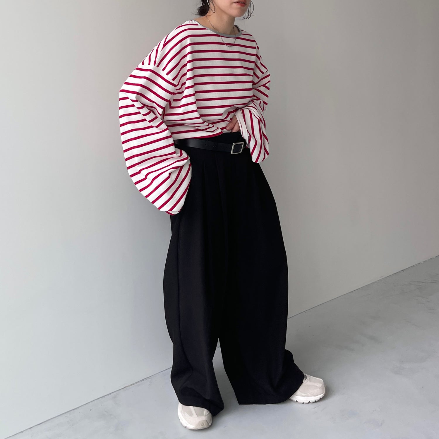 wide sleeve over size border tee / cherry red×silver (short)