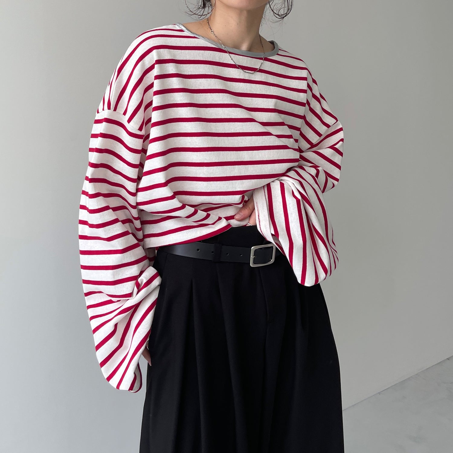 wide sleeve over size border tee / cherry red×silver (short)