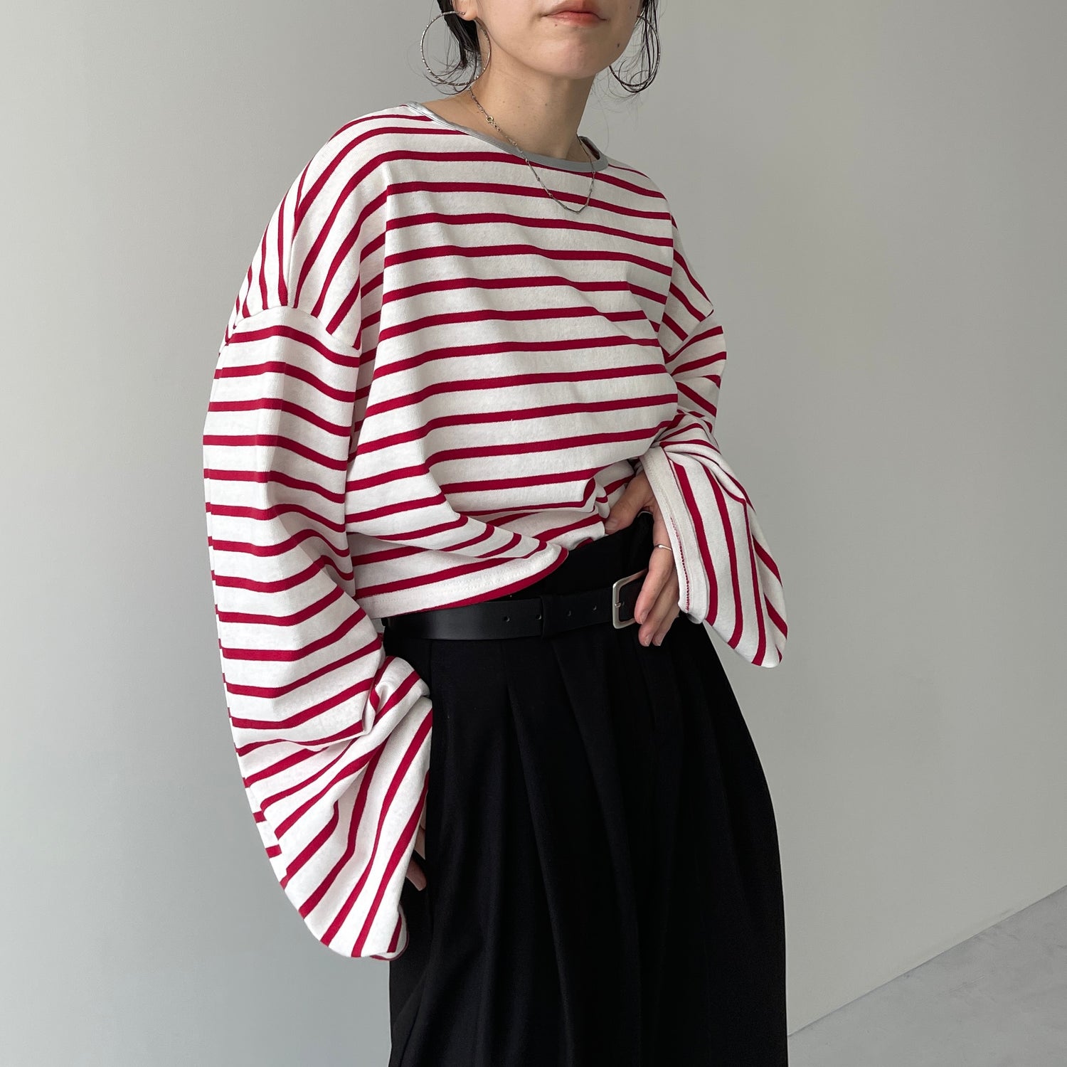 wide sleeve over size border tee / cherry red×silver (short)