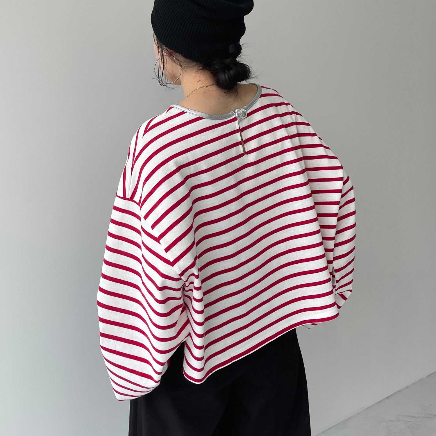 wide sleeve over size border tee / cherry red×silver (short)