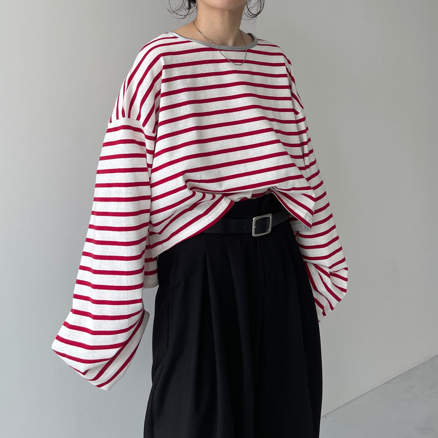 wide sleeve over size border tee / cherry red×silver (short)