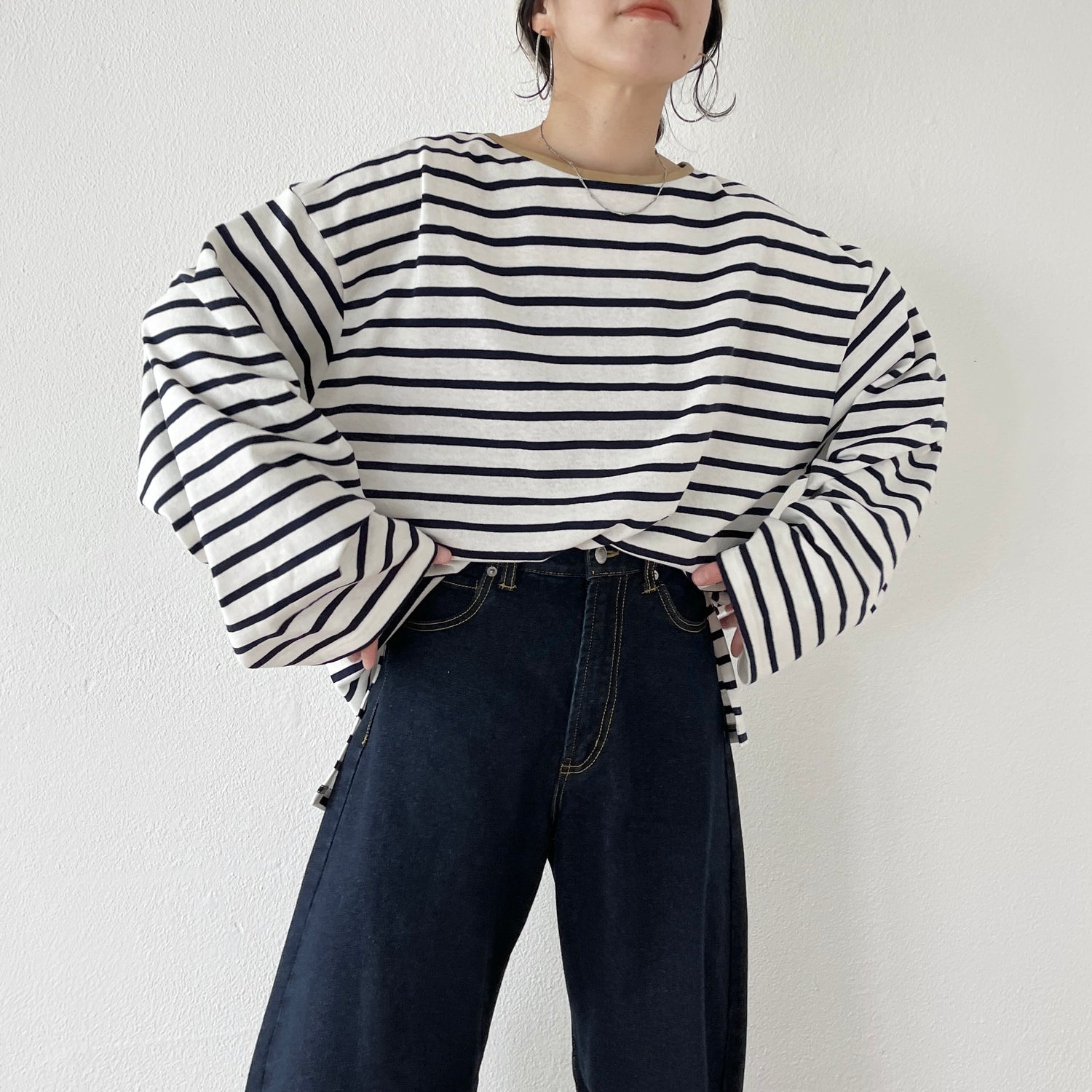 wide sleeve over size border tee / navy