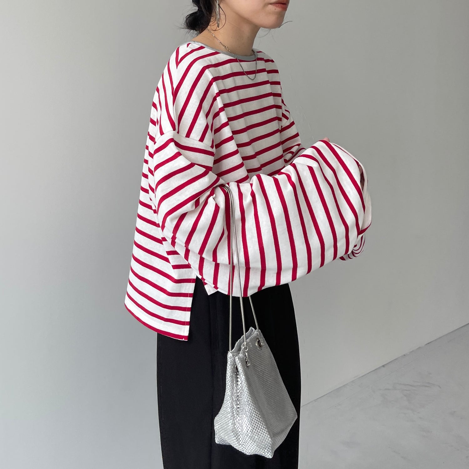 wide sleeve over size border tee / cherry red×silver (short)