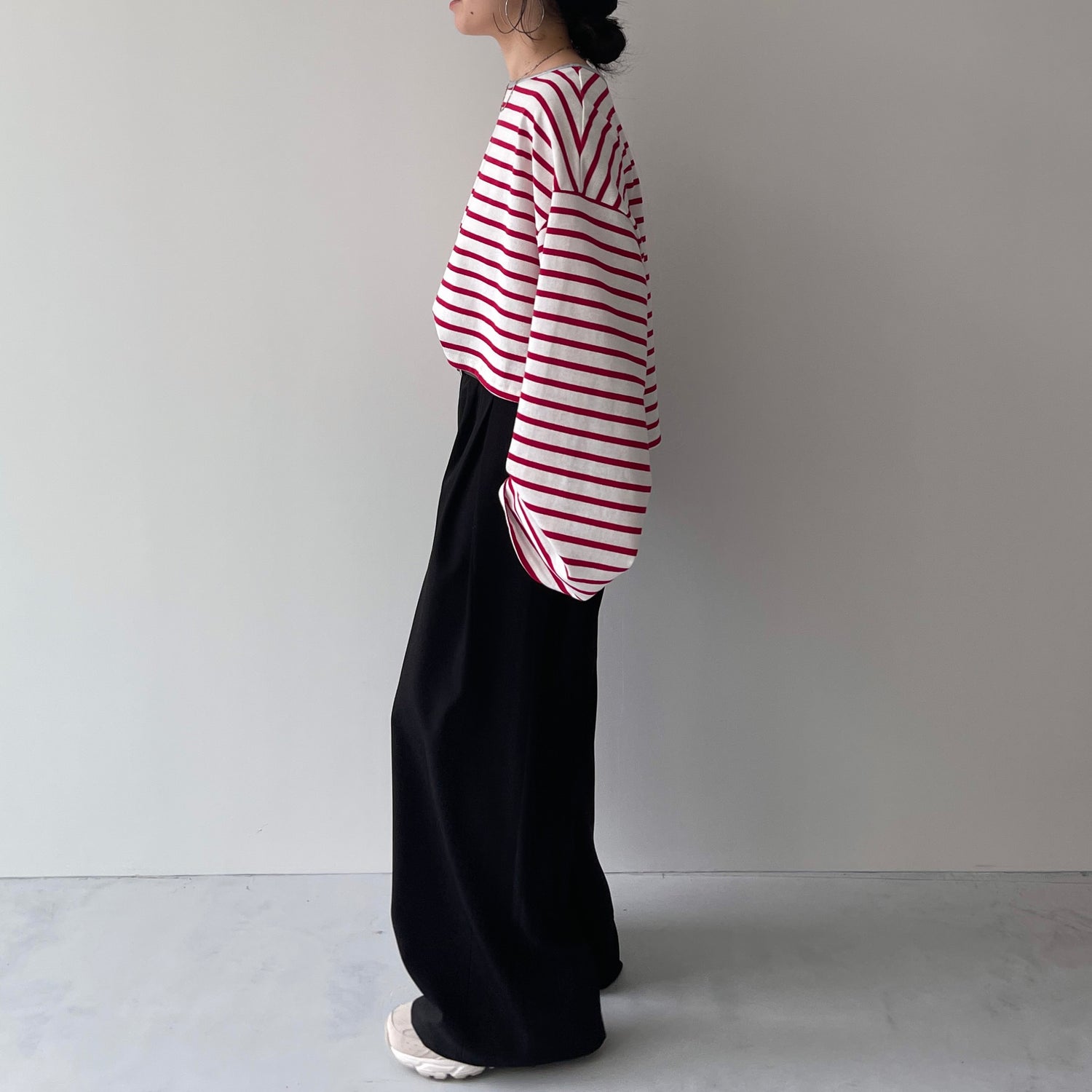 wide sleeve over size border tee / cherry red×silver (short)