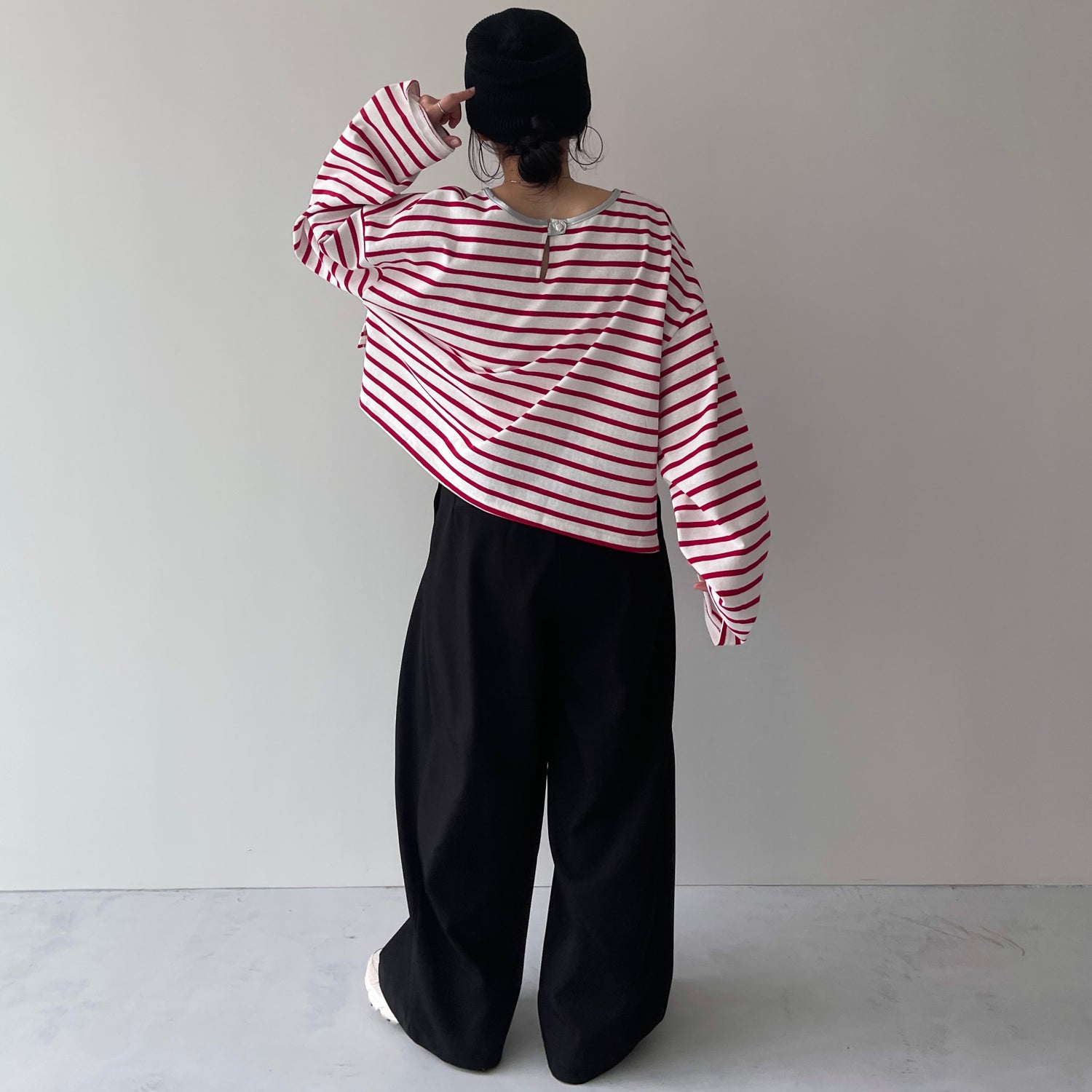 wide sleeve over size border tee / cherry red×silver (short)