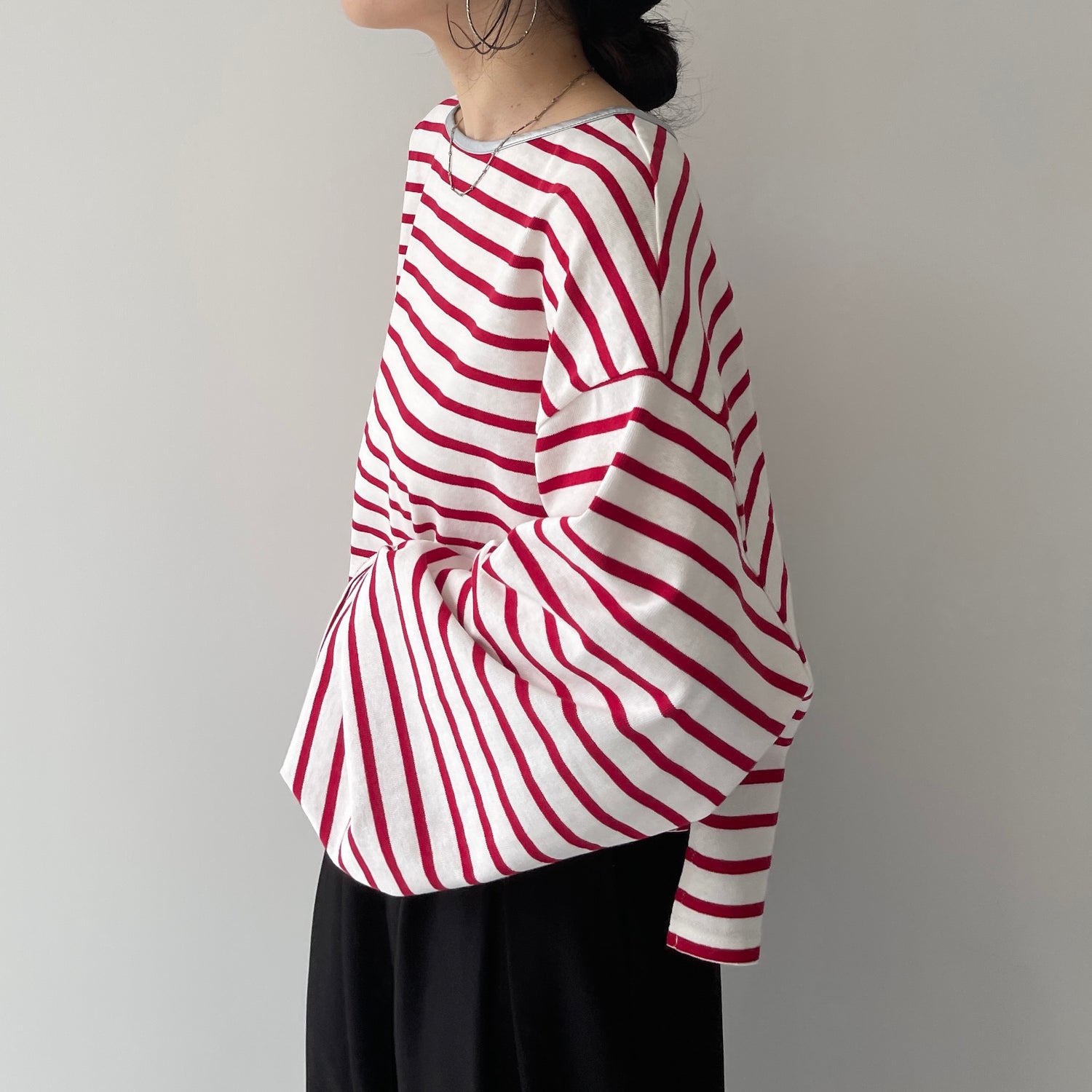 wide sleeve over size border tee / cherry red×silver (short)