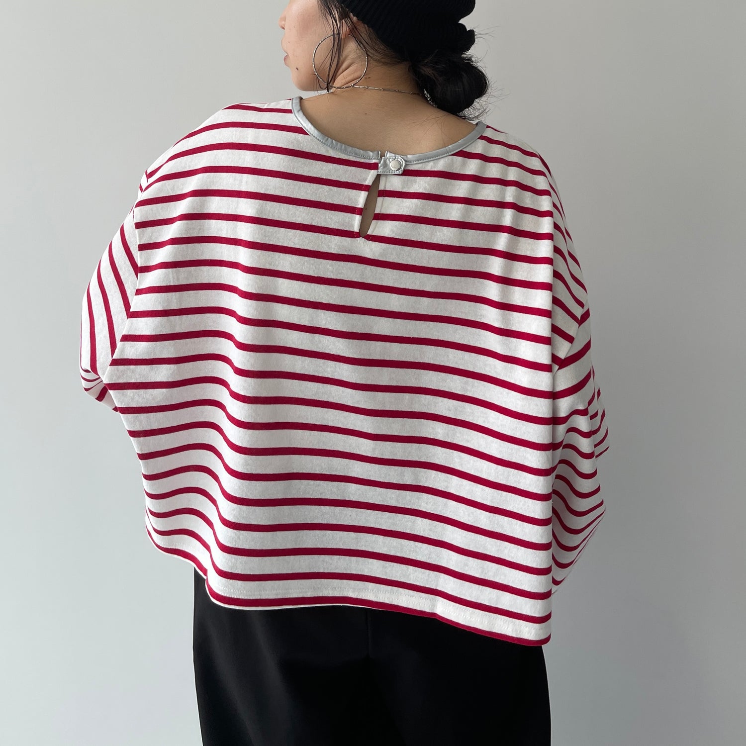 wide sleeve over size border tee / cherry red×silver (short)