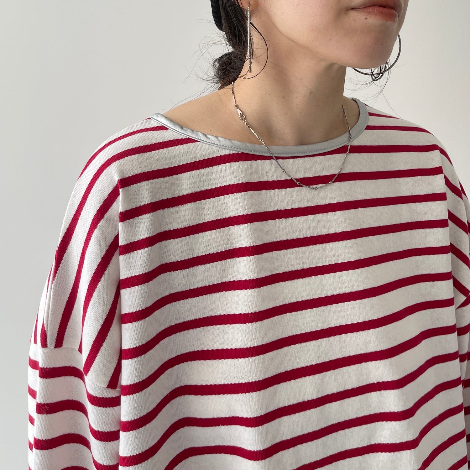 wide sleeve over size border tee / cherry red×silver (short)