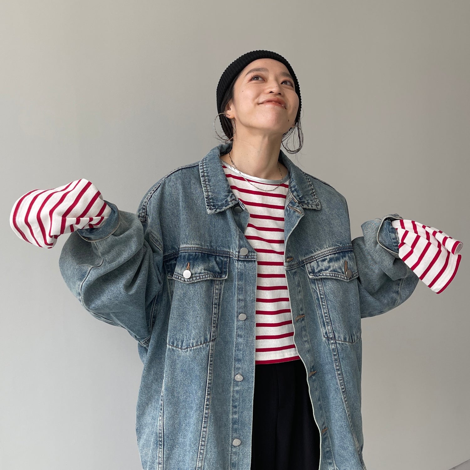 wide sleeve over size border tee / cherry red×silver (short)