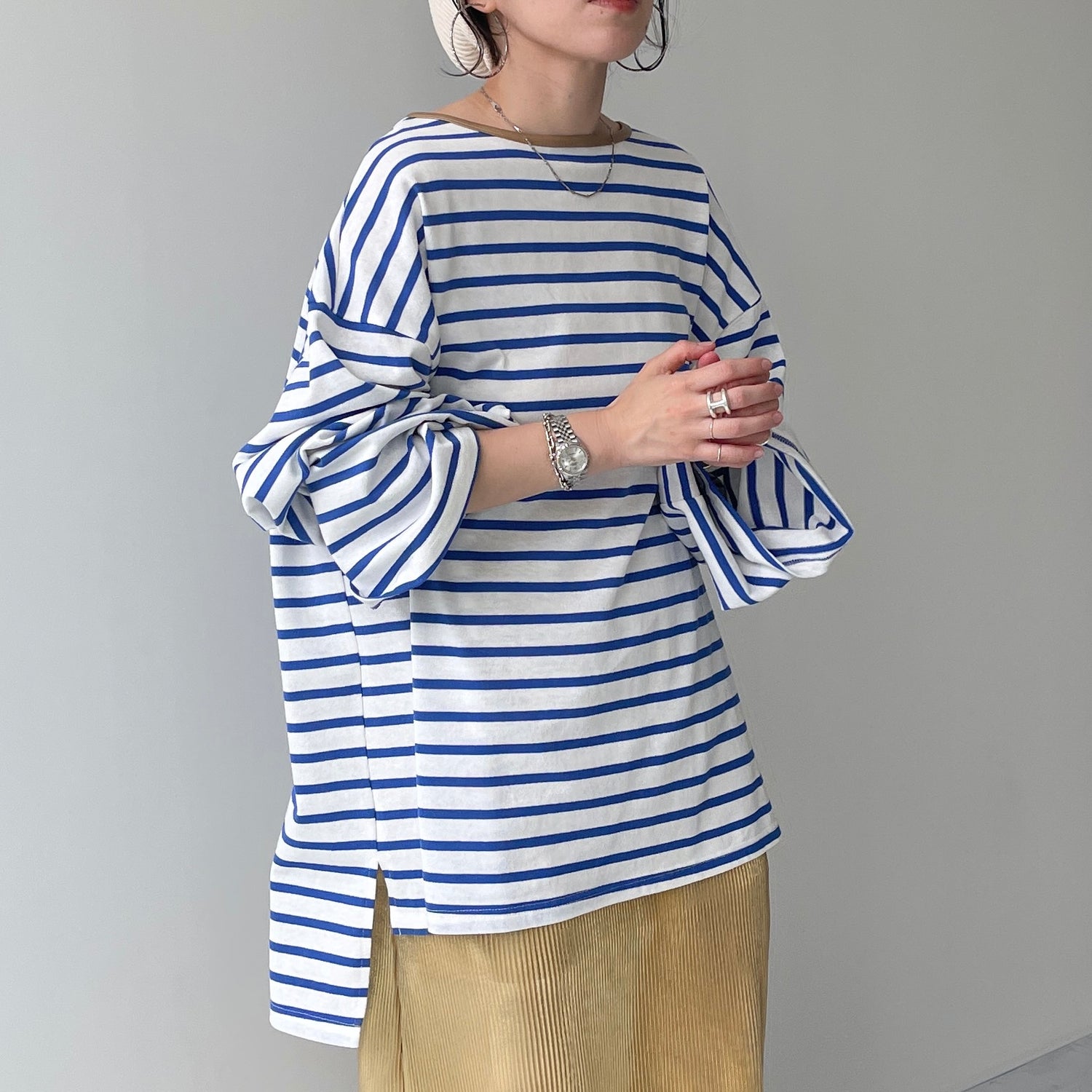 wide sleeve over size border tee / blue×gold