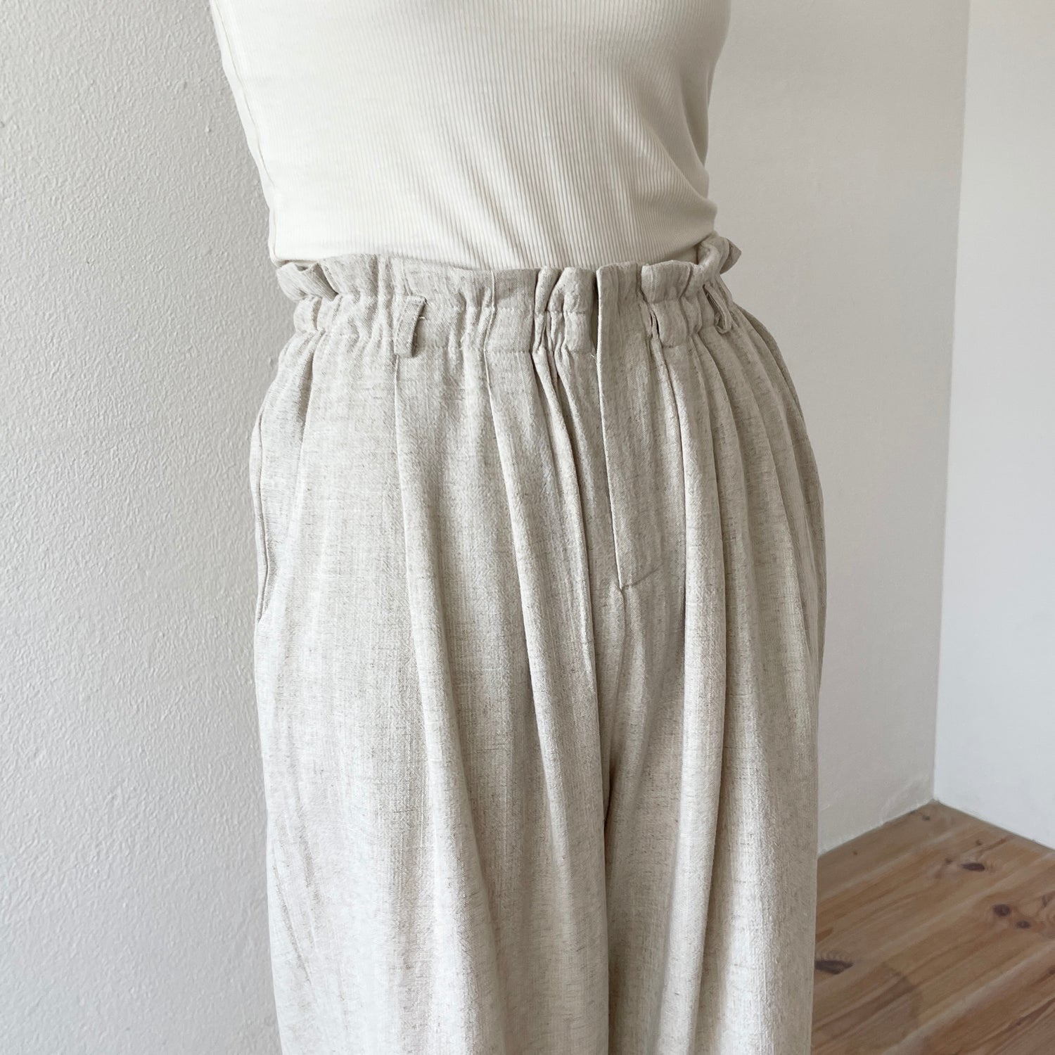 【2点SET】tuck wide linen pants + belt set / beige