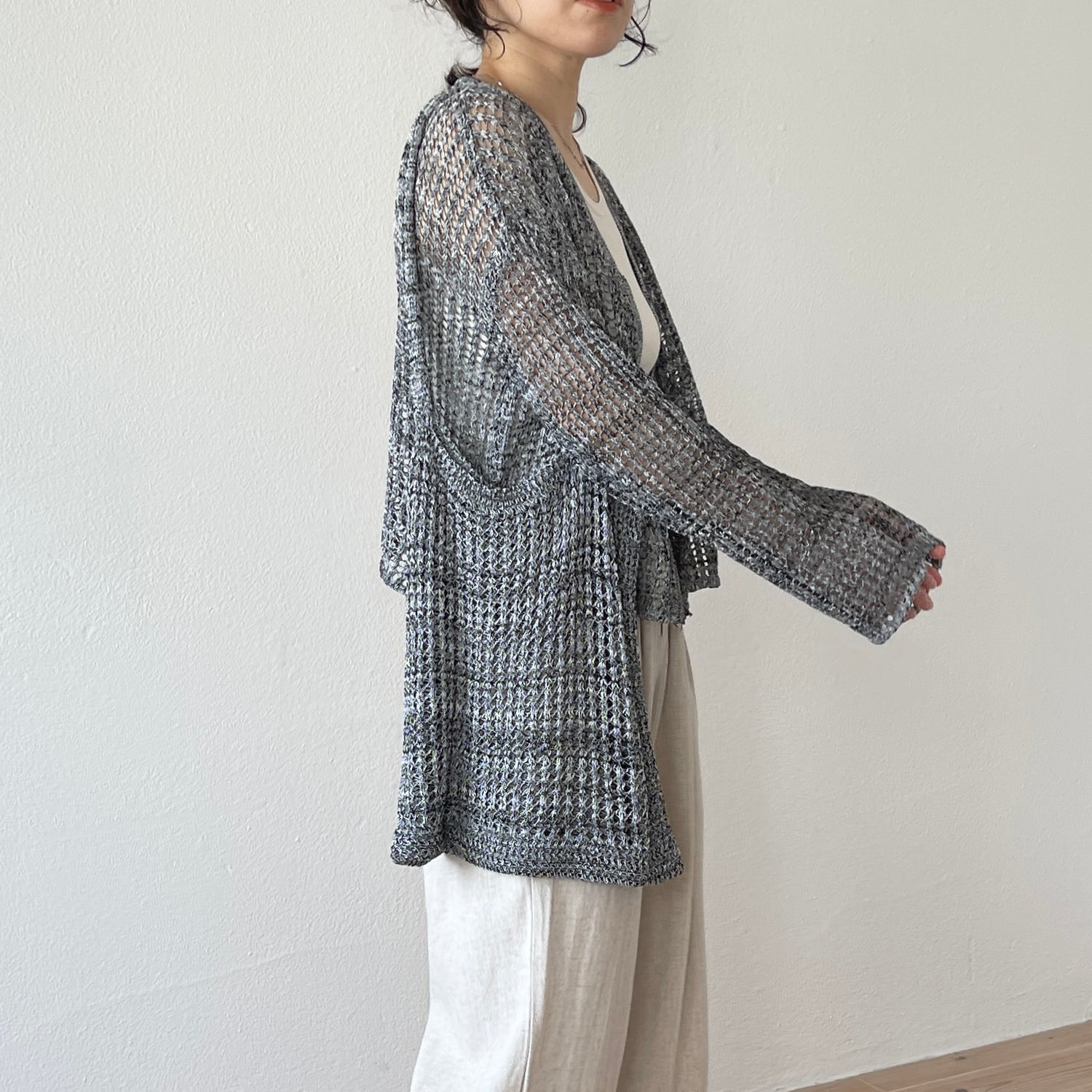 【2点SET】mesh knit cardigan with tote bag / gray
