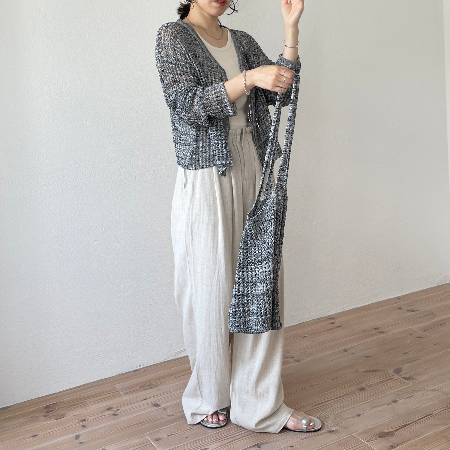 【2点SET】mesh knit cardigan with tote bag / gray
