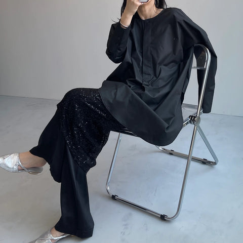 relax satin pants / black