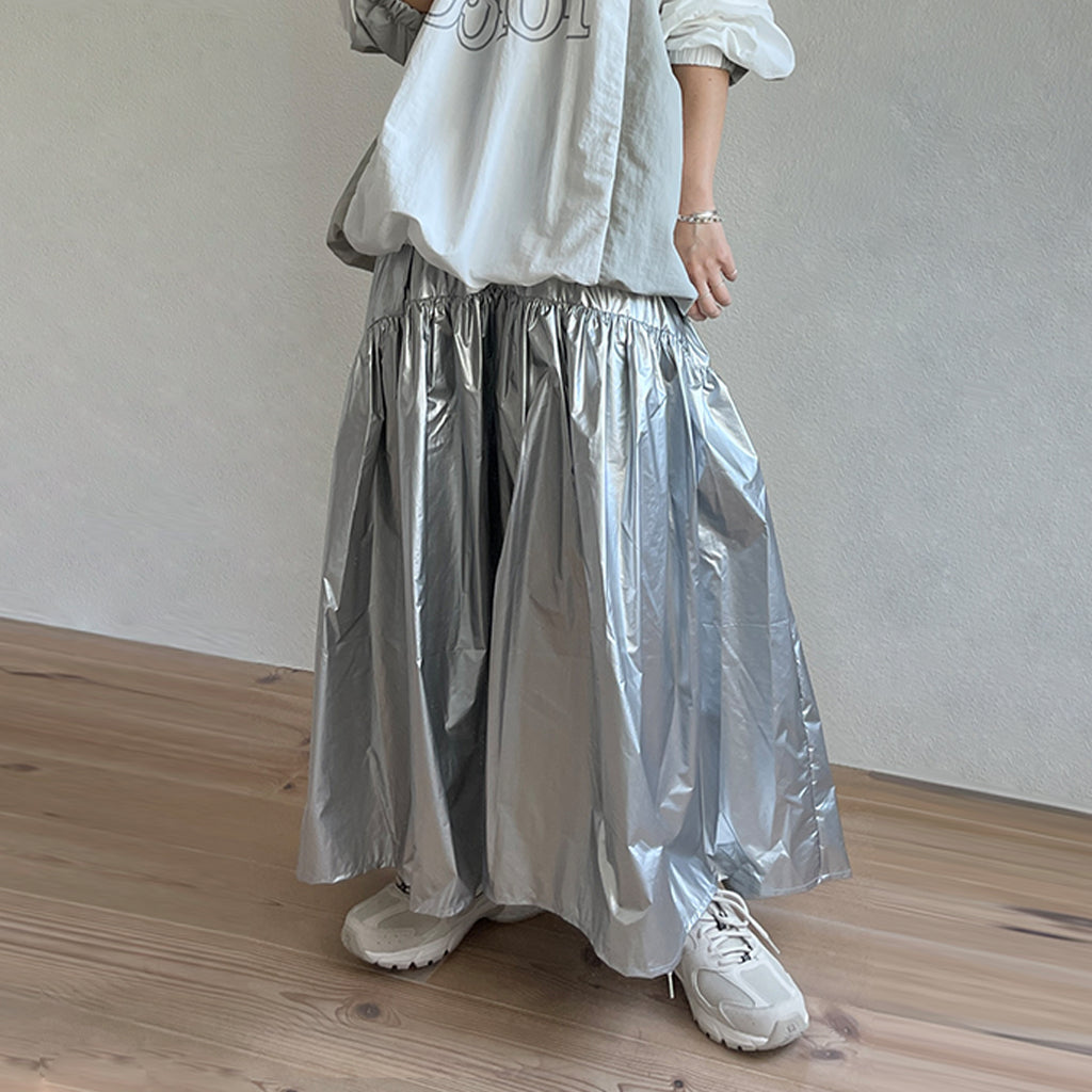 metallic gatherer flare skirt / silver （メニーメニーギャザー