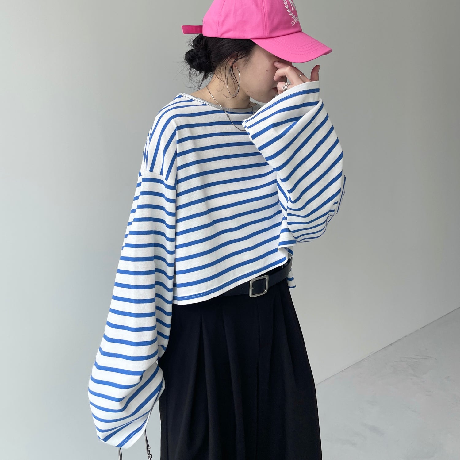 wide sleeve over size border tee / blue×silver [SHORT or FREE]