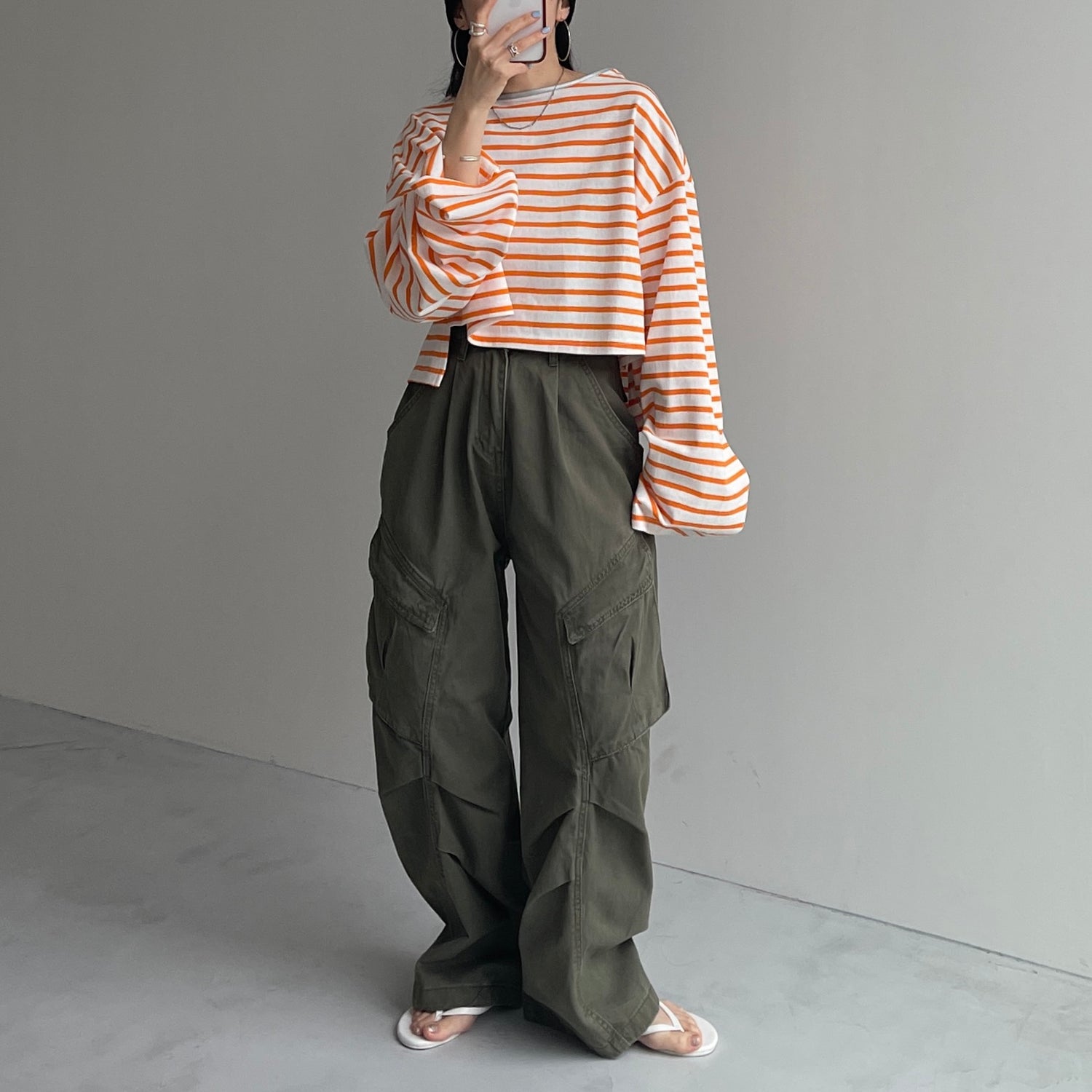 wide sleeve over size border tee / orange×silver[SHORT or FREE]