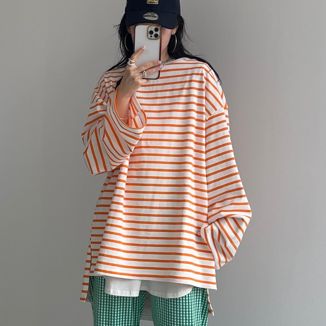 wide sleeve over size border tee / orange×silver[SHORT or FREE]