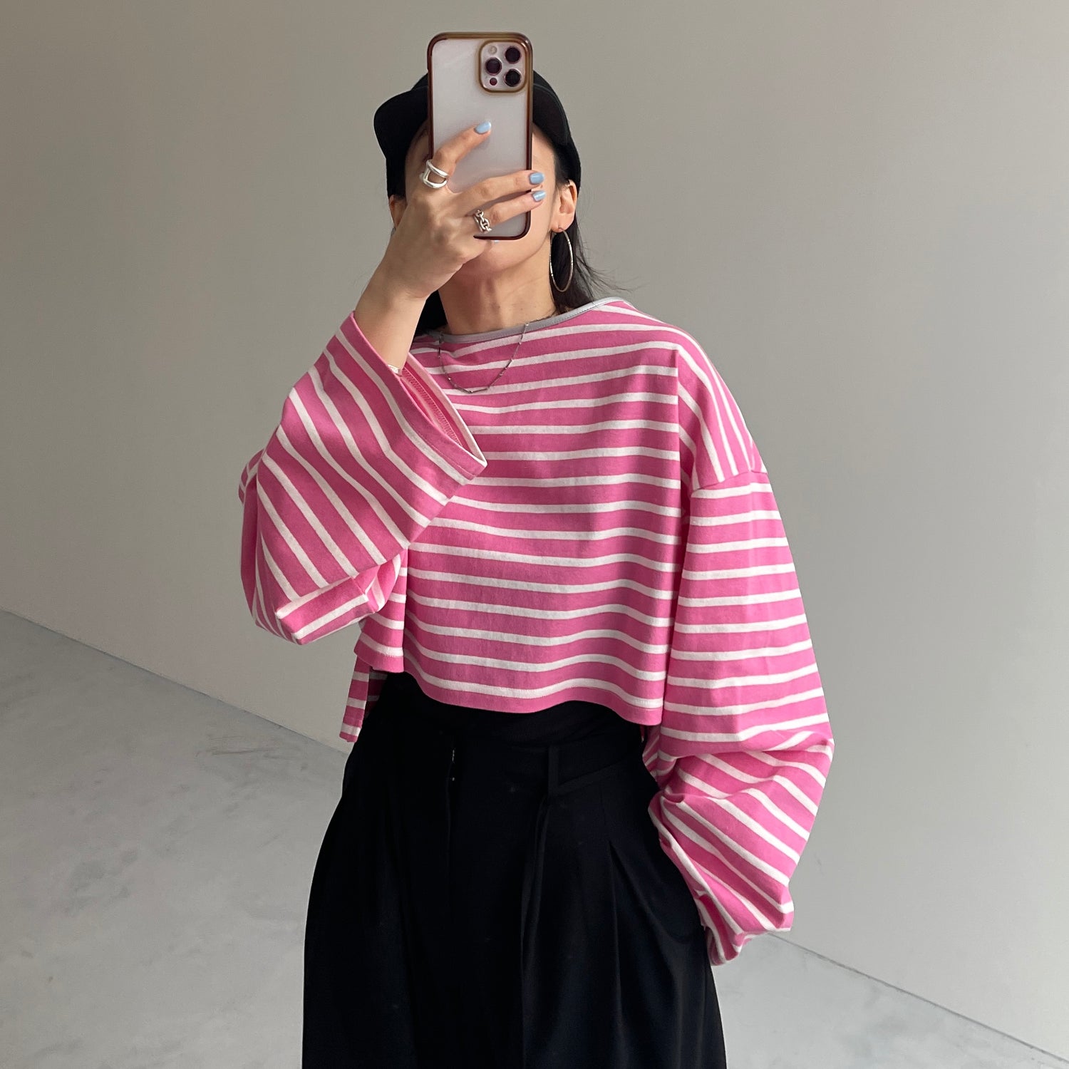wide sleeve over size border tee / pink×silver[SHORT or FREE]
