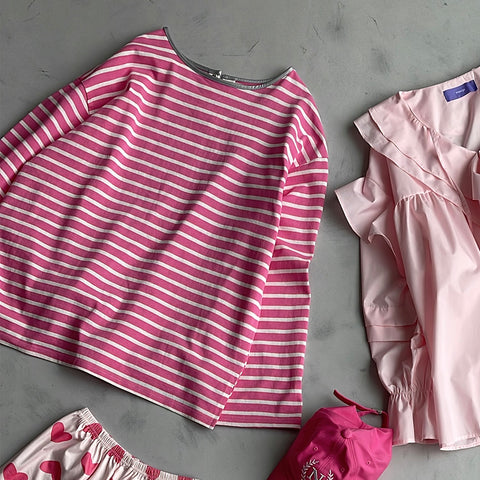 wide sleeve over size border tee / pink×silver[SHORT or FREE]