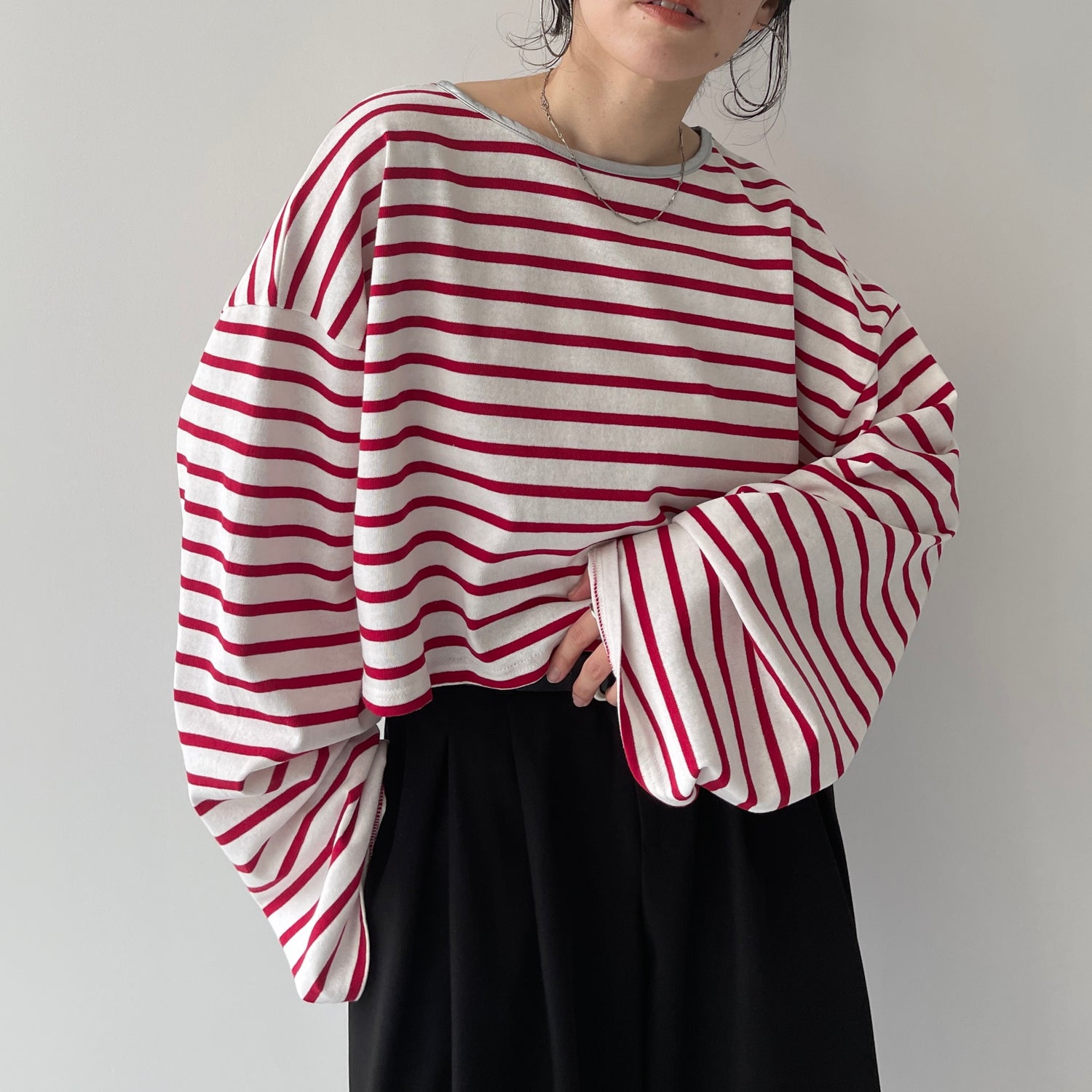 wide sleeve over size border tee / cherry red×silver[SHORT or FREE]