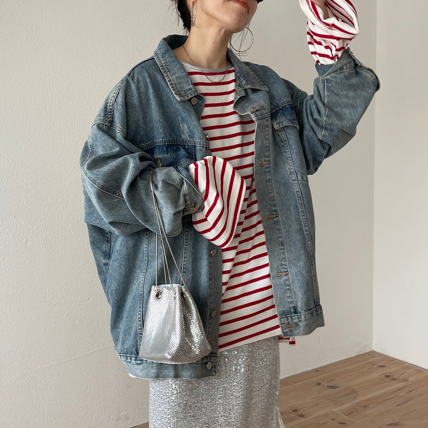 wide sleeve over size border tee / cherry red×silver[SHORT or FREE]