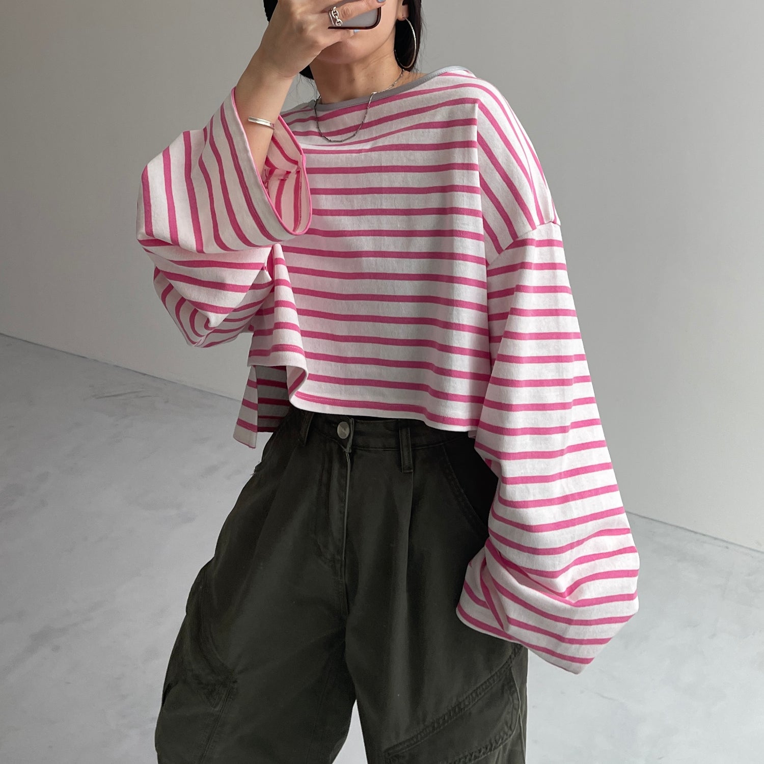 wide sleeve over size border tee / cherry pink×silver[SHORT or FREE]