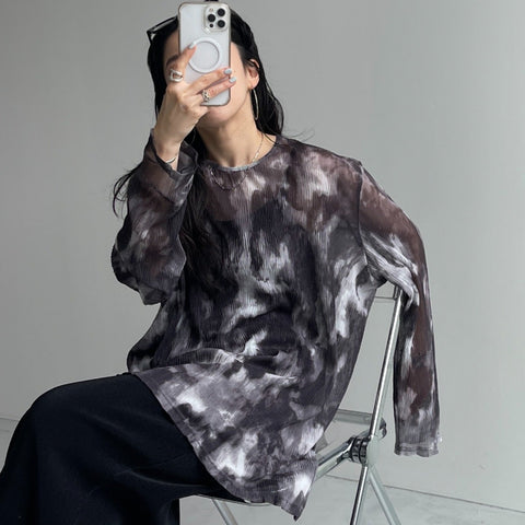shirring tie dye sheer tops / black