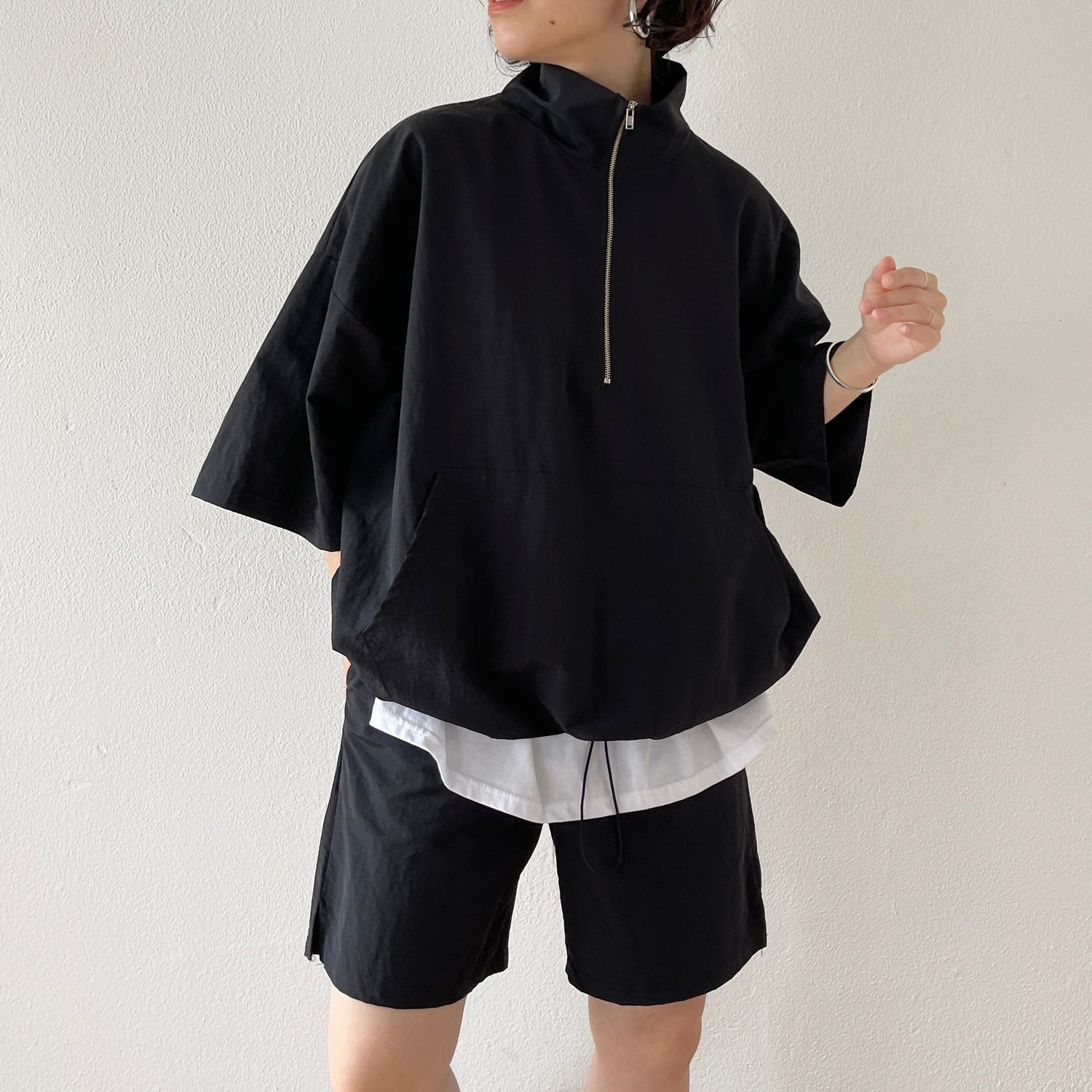 【2点SET】half zip nylon set up / black