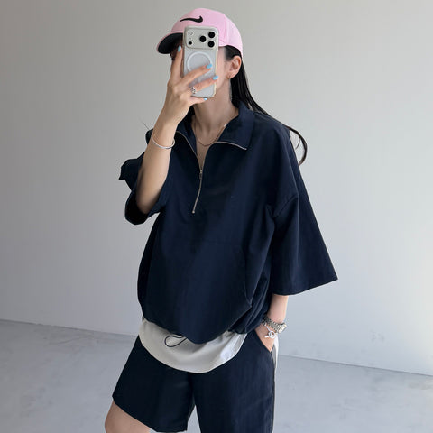 over size half zip nylon po / navy