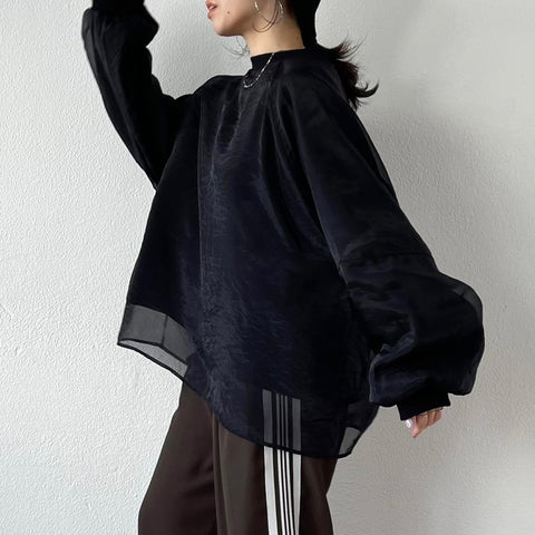 【楽天限定】volume sleeve sheer docking sweat / black