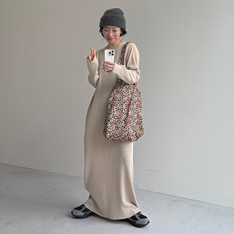 daily daily super stretch crew neck pleats one piece / ivory [FREE or LONG]クルーネック