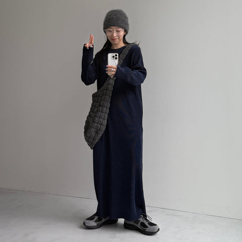 daily daily super stretch crew neck pleats one piece / navy [FREE or LONG]クルーネック