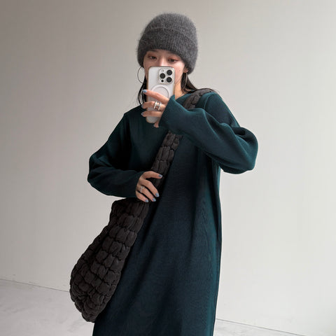 daily daily super stretch crew neck pleats one piece / dark green [FREE or LONG]クルーネック