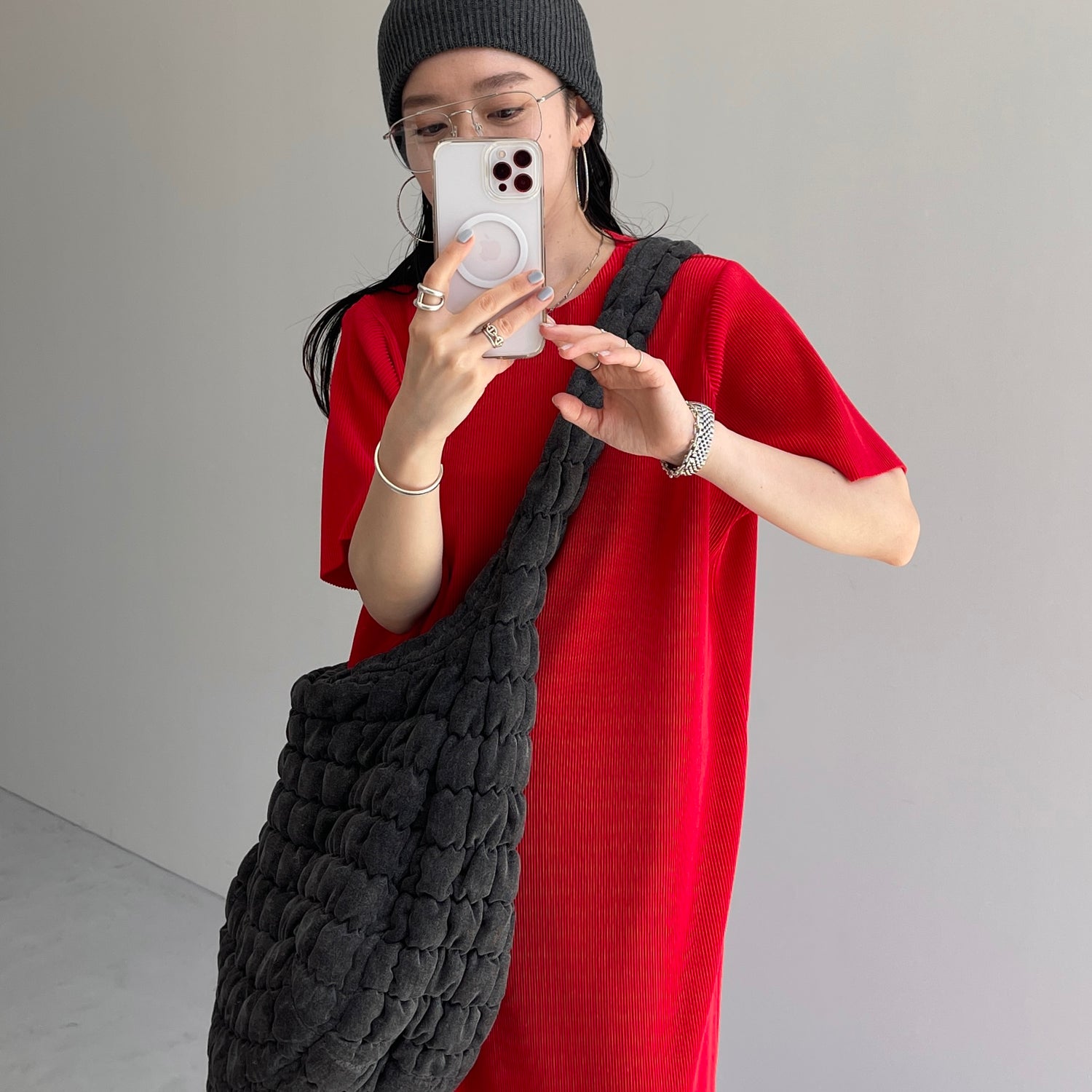 daily daily super stretch crew neck pleats one piece / cherry red [半袖 FREE or LONG]
