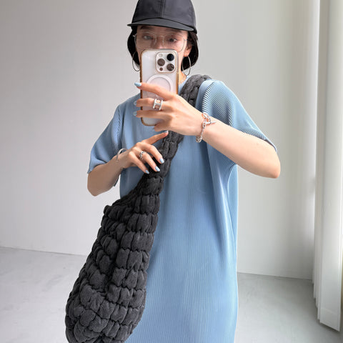 daily daily super stretch crew neck pleats one piece / light blue [半袖 FREE or LONG]